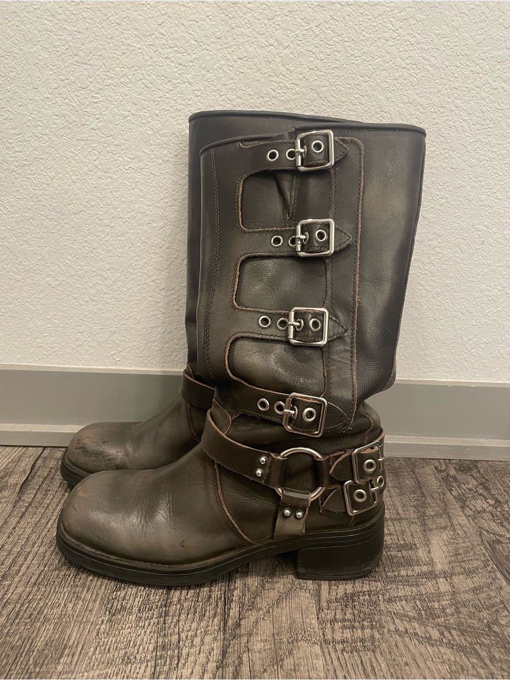 Steve Madden - Distressed Rustic Brown Buckle Leather Mid-Calf Boots